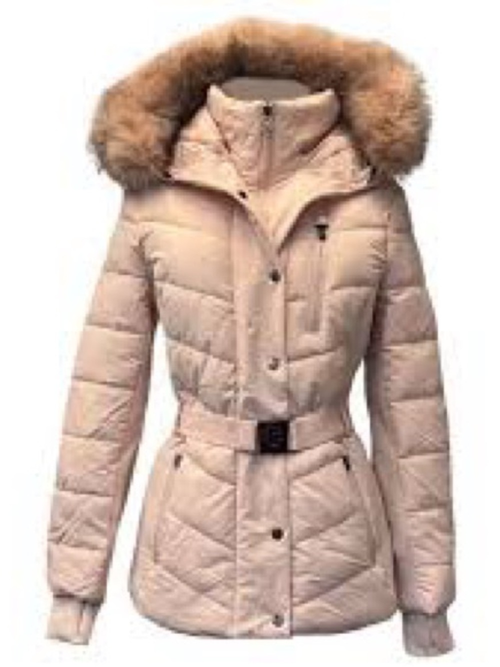 Michael Kors Beige Quilted Belted Hooded Puffer Jacket with Fur Trim